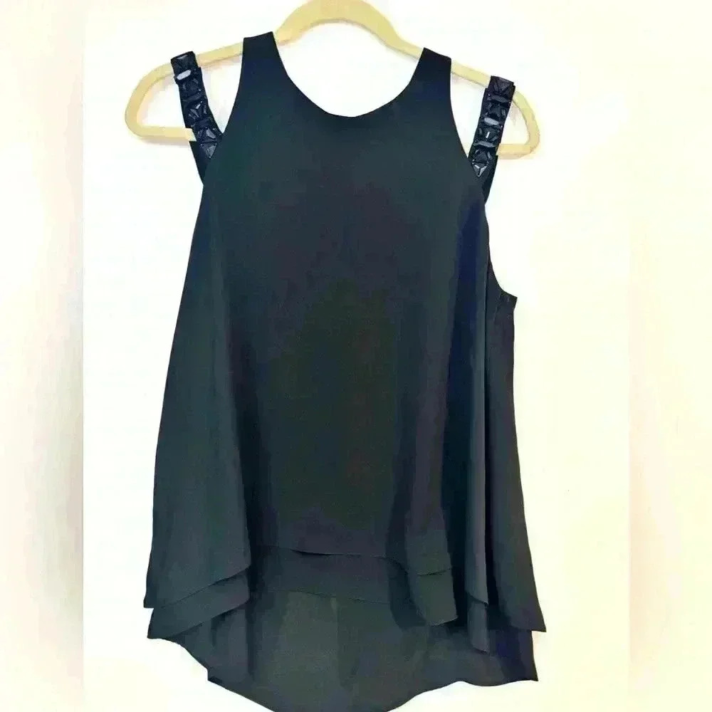 Women’s BCBG Elegant Black Sleeveless Chiffon Top with Embellished Straps